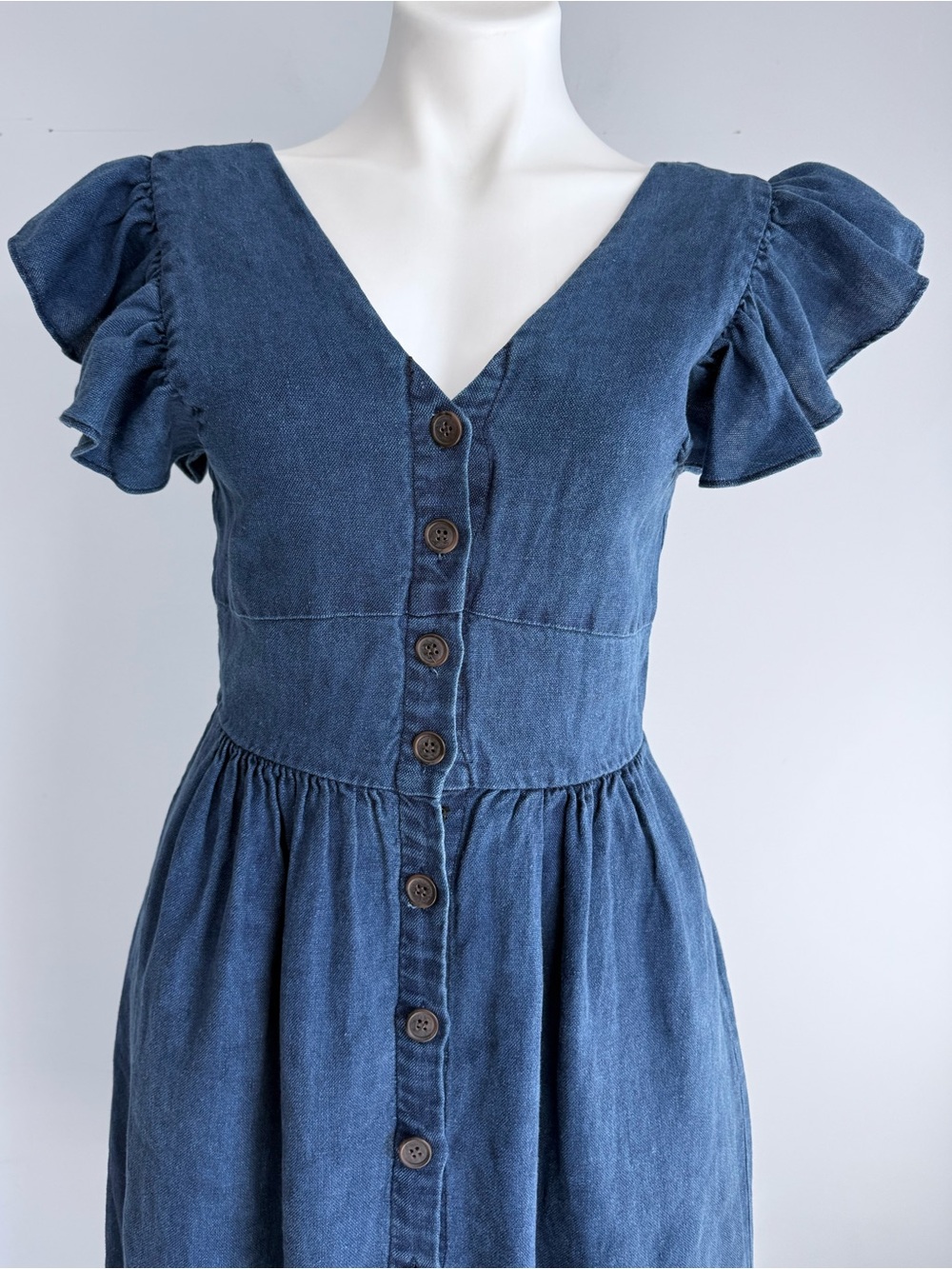 SEA New York Linen Midi Dress Blue Chambray Ruffle Button Front Cottagecore Boho - Picture 5 of 15